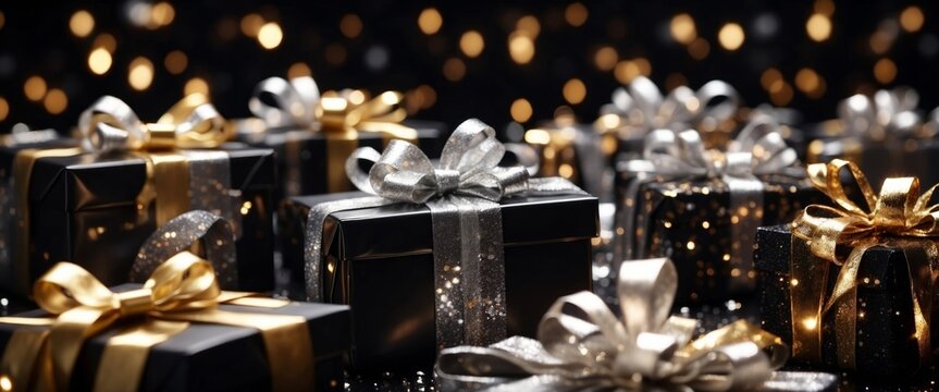 Decorative present boxes, balls, silver streamer, decorative bows, stars and sequins on black background.