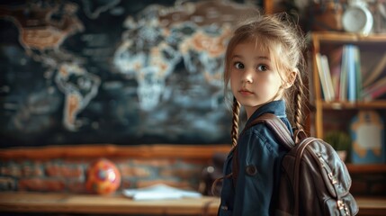 Obraz premium Schoolgirl with braided hair at a blackboard, dedicated to studying, within a dynamic classroom setting.