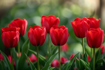 Numerous red tulips amid verdant foliage