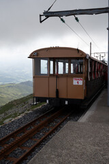 Travelling by old wooden train up to Larrun or La Rhune, Larhune mountain at the western end of the...