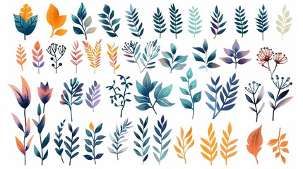 Obraz premium A vector illustration featuring a set of handmade plant leaf shapes in organic colors. These symbols are intricately designed and arranged on a white background, offering a versatile