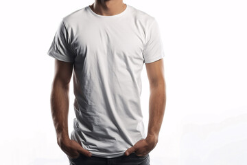 close up of man in white t-shirt with copy space over white background