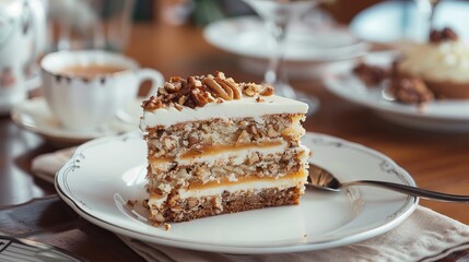A delectable walnut cake served on a plate. The cake, rich with the flavor of walnuts, is beautifully presented, making it a tempting treat for any dessert lover.