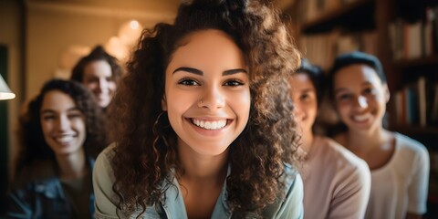 Fototapeta premium Cheerful young multiracial woman in study room with diverse group. Concept Photography, Diversity, Education, Positive Vibes, Multiculturalism