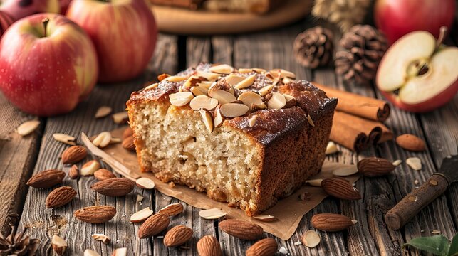 A whole, delicious apple cake topped with almonds, served on a rustic wooden table. The cake, with its golden-brown crust and generous almond topping, looks inviting and perfect for any occasion. 