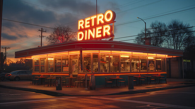  1950s retro diner with neon light signboard