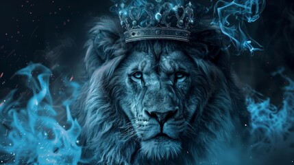 Lion with a crown, set against a dark background with blue flames and sparks