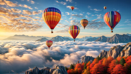 Obraz premium Hot air balloons in the sky above clouds. Travel and adventure flight wallpaper.