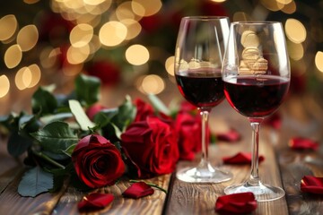 Two wine glasses, rose on table