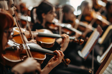 Fototapeta premium Close up of people playing classic music on violin in theater