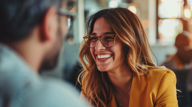 A smiling young businesswoman is talking to a colleague in the office.