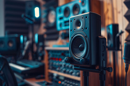 Modern sound recording studio with speakers and microphone with copy space for text