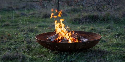 Minimalistic composition: A metal fire pit with crackling flames and burning wood, captured outdoors, possibly during a camping trip. Minimalism