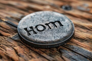 Macro shot metal button inscription 'mom'