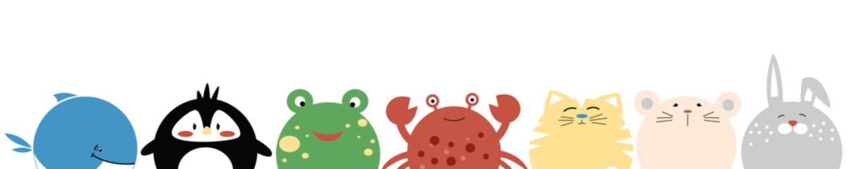 Childrens cute animal set with crab, whale, frog, penguin, cat, bunny, mouse 