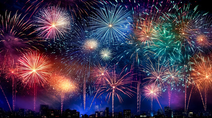 Fototapeta premium A city is lit up with fireworks and the sky is filled with bright colors.