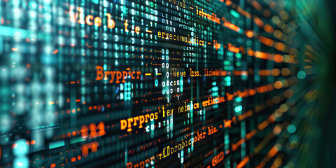 Obraz premium The Crytpo Craze: A wall covered in enigma codes, surrounding a sleek new cryptocurrency trading interface.