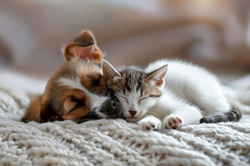 Obraz premium Dog and cat cuddling together in bed