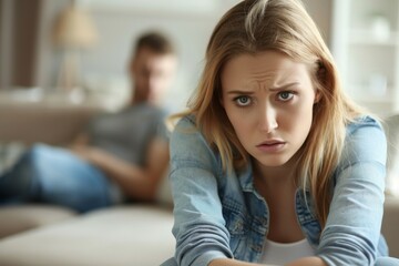 Woman sits sofa man stands back