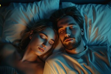 Two people sleeping together on bed in darkness