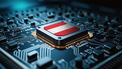 A close-up of a computer chip featuring the Austria flag, highlighting Austria advancements in technology
