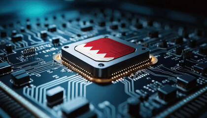 A close-up of a computer chip featuring the Bahrain flag, highlighting Bahrain advancements in technology