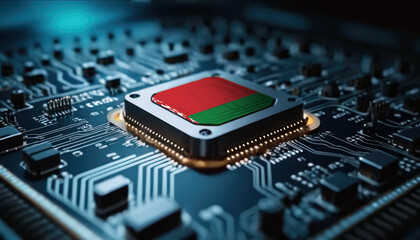 Fototapeta premium A close-up of a computer chip featuring the Belarus flag, highlighting Belarus advancements in technology