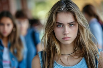 Obraz premium Long-haired girl in blue shirt looks at camera