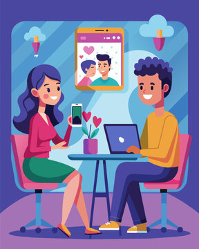 couple dating online, smiling, cartoon style clip art preview