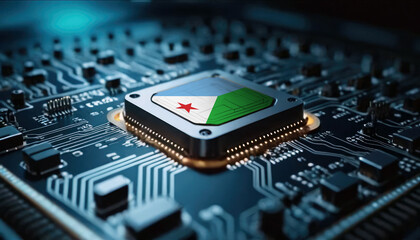 A close-up of a computer chip featuring the Djibouti flag, highlighting Djibouti advancements in technology