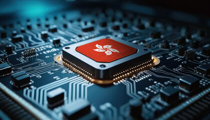 A close-up of a computer chip featuring the Hong kong flag, highlighting Hong kong advancements in technology