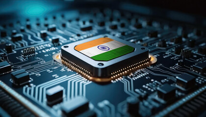 A close-up of a computer chip featuring the India flag, highlighting India advancements in technology