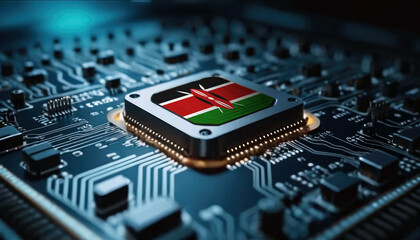 A close-up of a computer chip featuring the Kenya flag, highlighting Kenya advancements in technology
