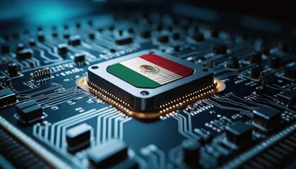 A close-up of a computer chip featuring the Mexico flag, highlighting Mexico advancements in technology