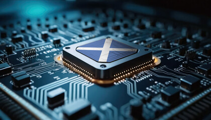 A close-up of a computer chip featuring the Scotland flag, highlighting Scotland advancements in technology