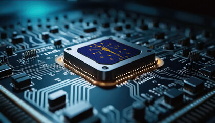 A close-up of a computer chip featuring the Indiana flag, highlighting Indiana advancements in technology