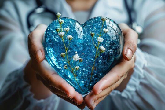 Person holds heart-shaped glass with flowers