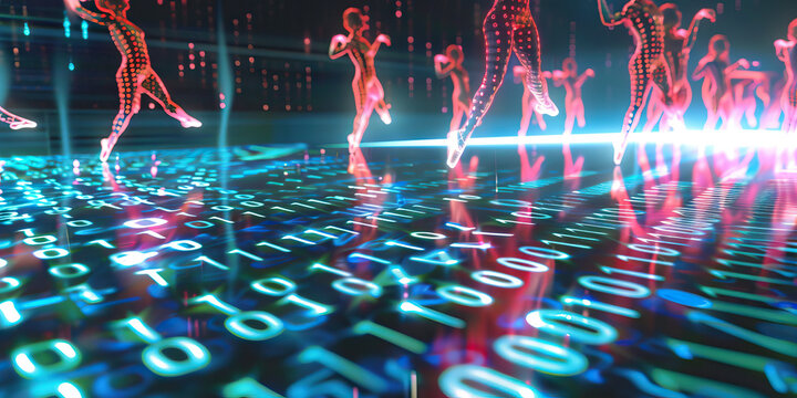 The Binary Ballet: Dancers twirling through the air, leaving behind trails of 0s and 1s on a glowing digital floor.