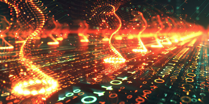 The Binary Ballet: Dancers twirling through the air, leaving behind trails of 0s and 1s on a glowing digital floor.