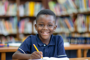 A cheerful young african boy smiling at the camera while holding a pencil and a notebook in a library setting