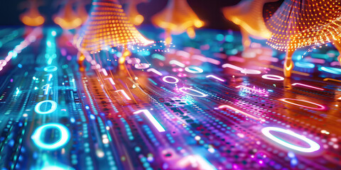 The Binary Ballet: Dancers twirling through the air, leaving behind trails of 0s and 1s on a glowing digital floor.