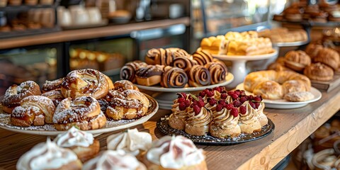 Fototapeta premium Delightful Pastries on a Cozy Cafe Table. Concept Indoor Photography, Food Styling, Cozy Ambiance, Cafe Setting