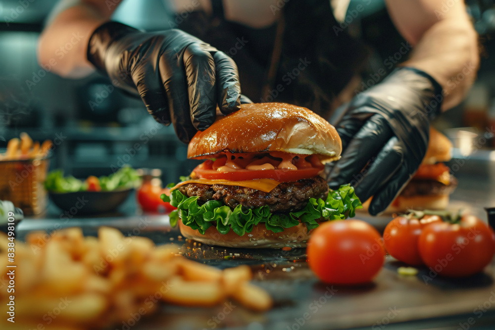 Wall mural hands in gloves making of tasty fresh burger in fast food restaurant