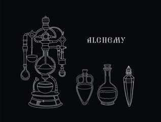 Vector illustration. Chemical reaction. Bottles 
 with elixir. Alchemical laboratory. Chemical reaction. Alchemist's equipment. Graphic arts. Ancient medical equipment. Magic bottles.