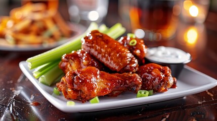 Indulge in a delicious plate of Buffalo wings with spicy glaze, served alongside celery and blue cheese dip in a lively sports bar setting.