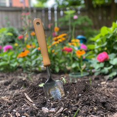 Gardening Mastery: A Trowel in Rich Soil Amidst a Backdrop of Lush Vegetation