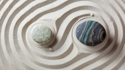  A top view of two different round stones placed on sand in the centre, creating yin-yang patterns with ripples and swirls around them. 