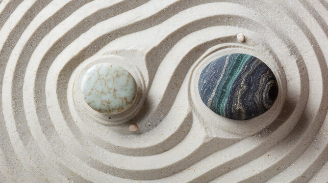  A top view of two different round stones placed on sand in the centre, creating yin-yang patterns with ripples and swirls around them. 