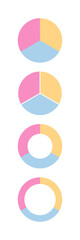 Obraz premium Circle and ring graph with tree segments. Piechart section template. Circular structure chart divided into multicolor segments. Pie diagram. Set schemes with sectors. Vector illustration