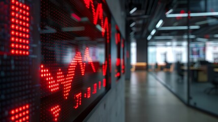 Display board showing stock prices dropping, set in a modern office space. Digital stock board showing falling prices in modern office.